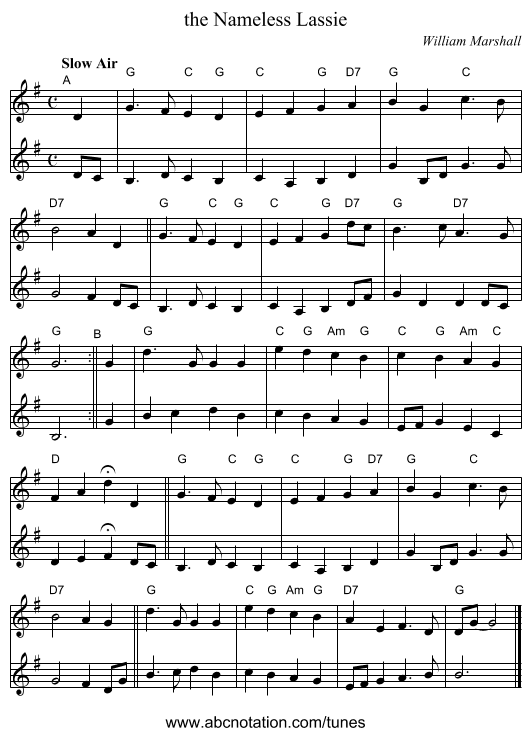 the Nameless Lassie - staff notation