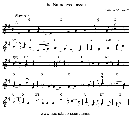 the Nameless Lassie - staff notation