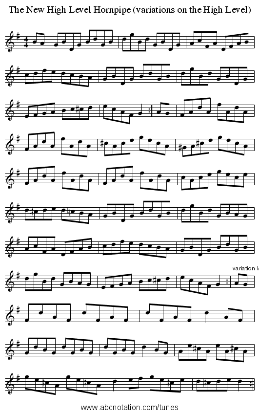The New High Level Hornpipe (variations on the High Level) - staff notation