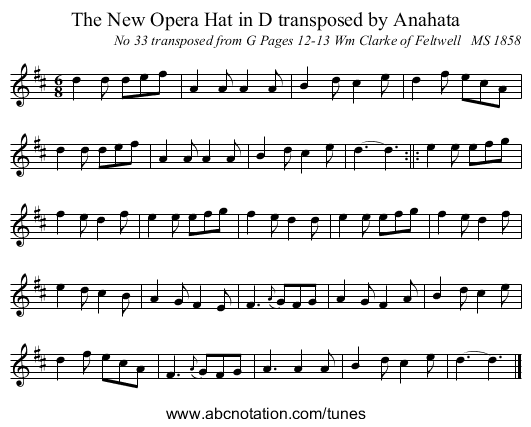 The New Opera Hat in D transposed by Anahata - staff notation