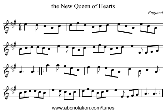 the New Queen of Hearts - staff notation
