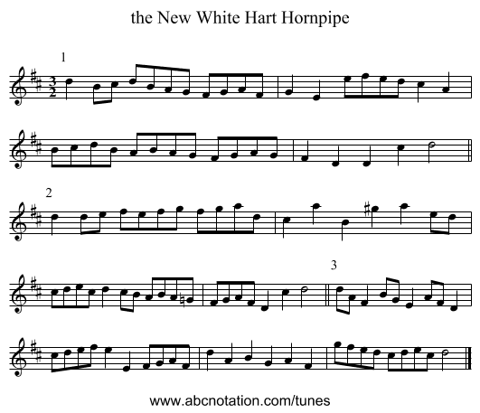 the New White Hart Hornpipe - staff notation