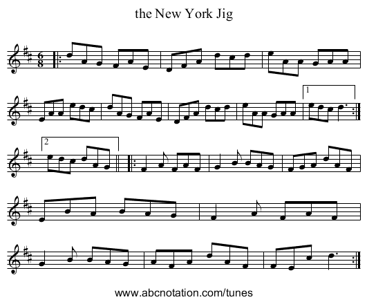 the New York Jig - staff notation