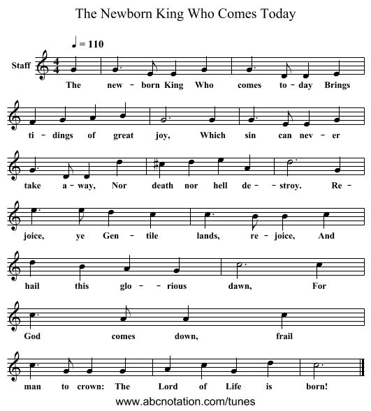 The Newborn King Who Comes Today - staff notation