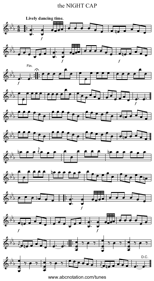 the NIGHT CAP - staff notation
