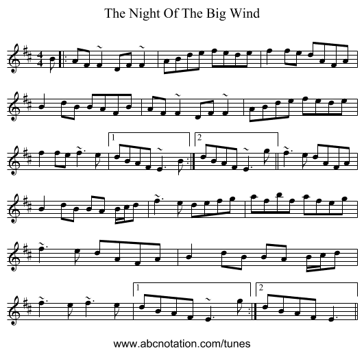 The Night Of The Big Wind - staff notation