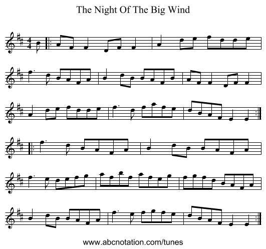 The Night Of The Big Wind - staff notation