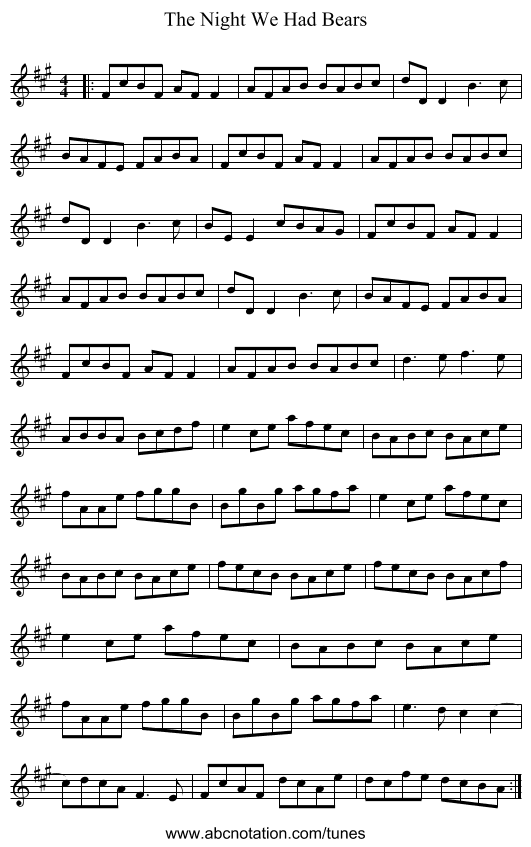 The Night We Had Bears - staff notation