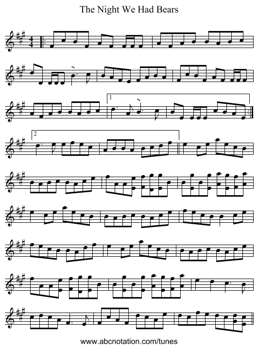 The Night We Had Bears - staff notation