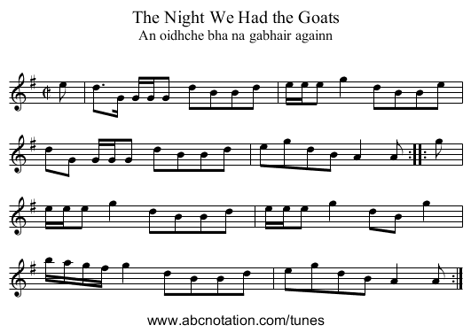 The Night We Had the Goats - staff notation