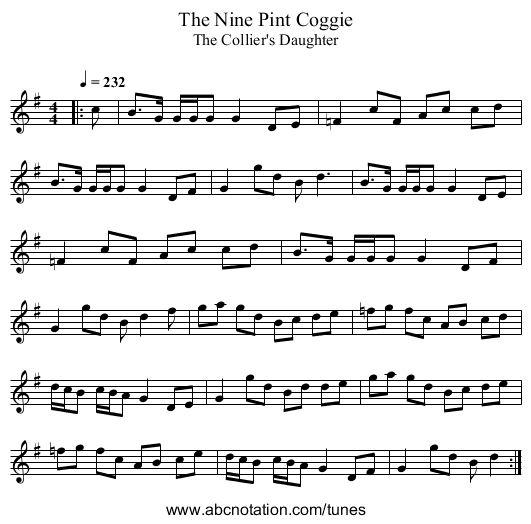 The Nine Pint Coggie - staff notation