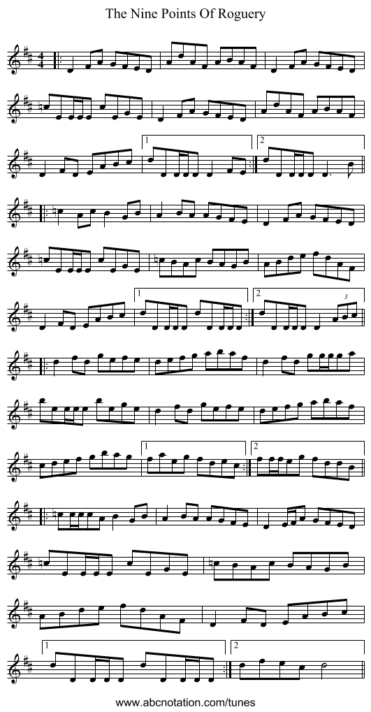 The Nine Points Of Roguery - staff notation