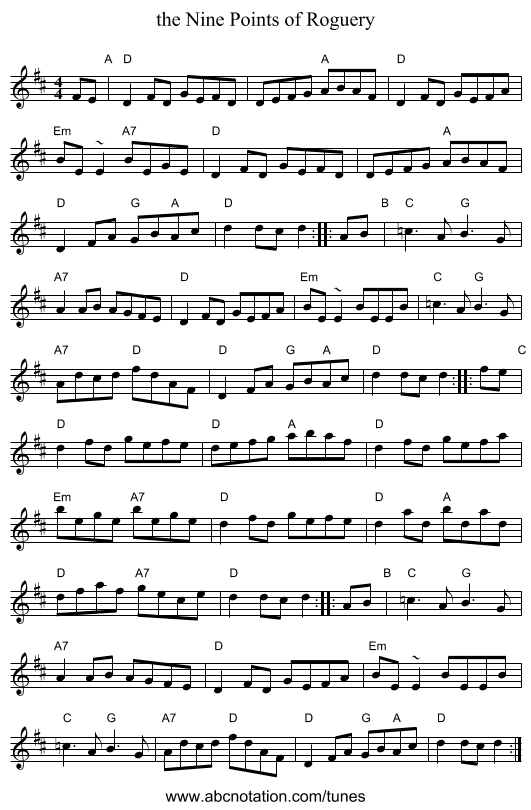 the Nine Points of Roguery - staff notation