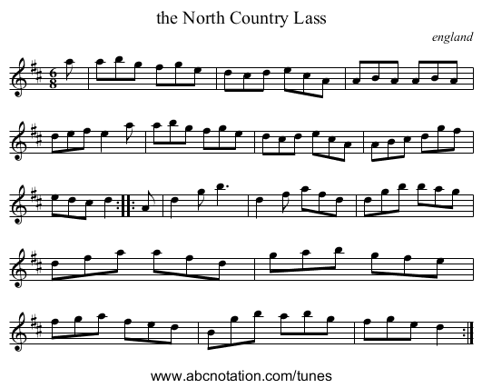 the North Country Lass - staff notation