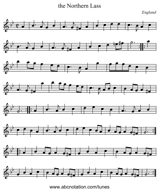 the Northern Lass - staff notation
