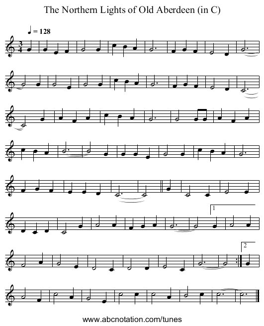 The Northern Lights of Old Aberdeen (in C) - staff notation