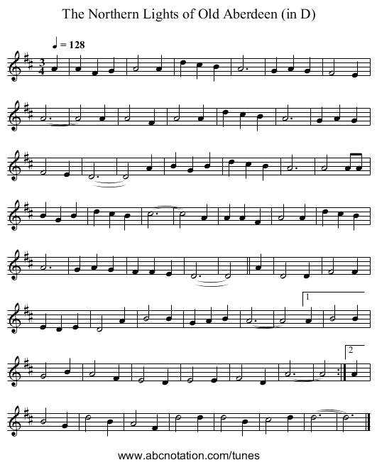 The Northern Lights of Old Aberdeen (in D) - staff notation