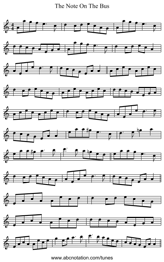The Note On The Bus - staff notation