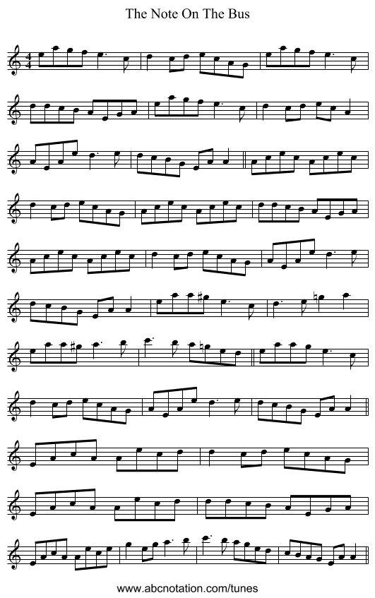 The Note On The Bus - staff notation