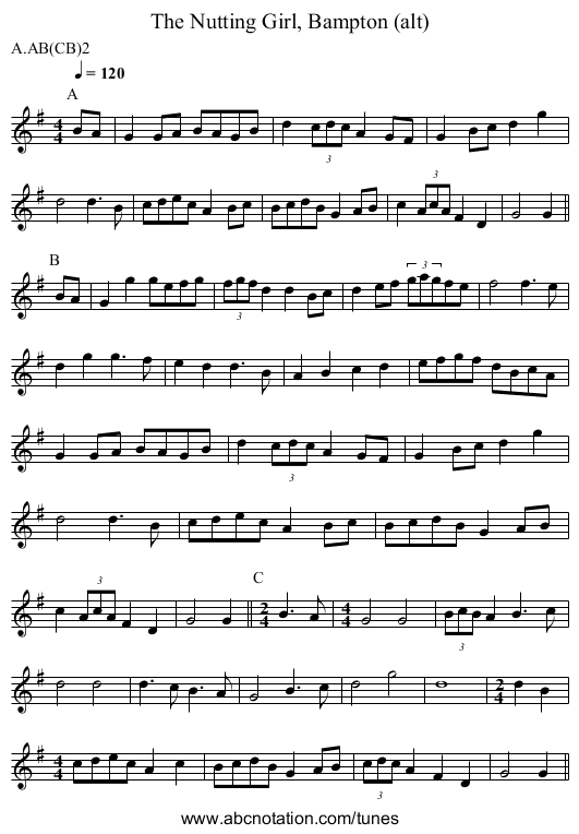 The Nutting Girl, Bampton (alt) - staff notation