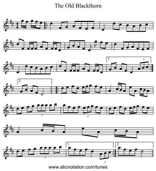 The Old Blackthorn - staff notation