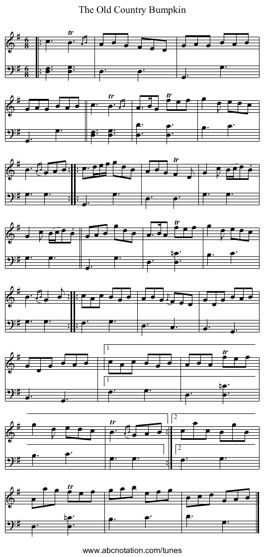 The Old Country Bumpkin - staff notation