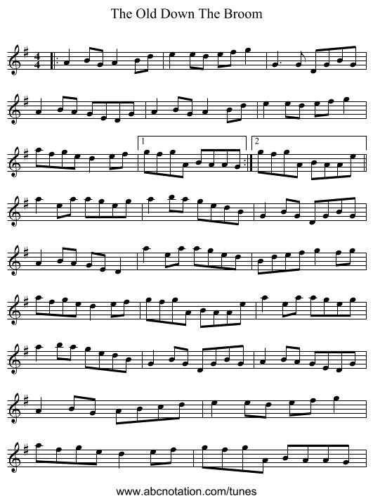 The Old Down The Broom - staff notation