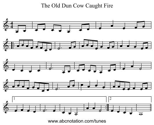 The Old Dun Cow Caught Fire - staff notation