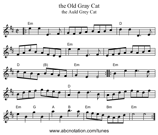 the Old Gray Cat - staff notation
