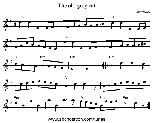 The old grey cat - staff notation