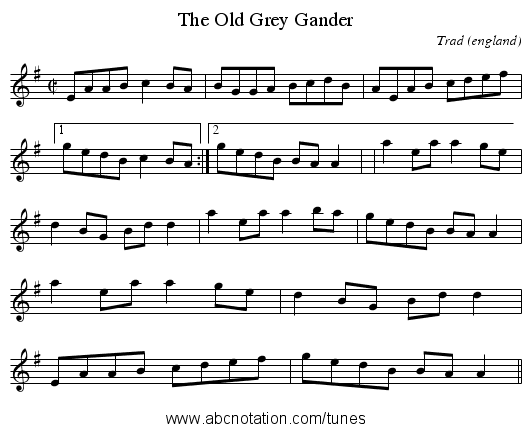The Old Grey Gander - staff notation