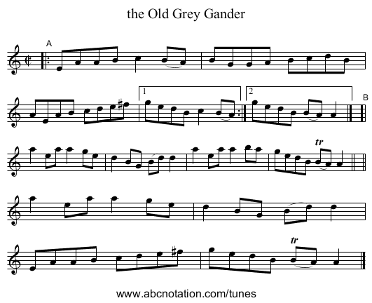 the Old Grey Gander - staff notation