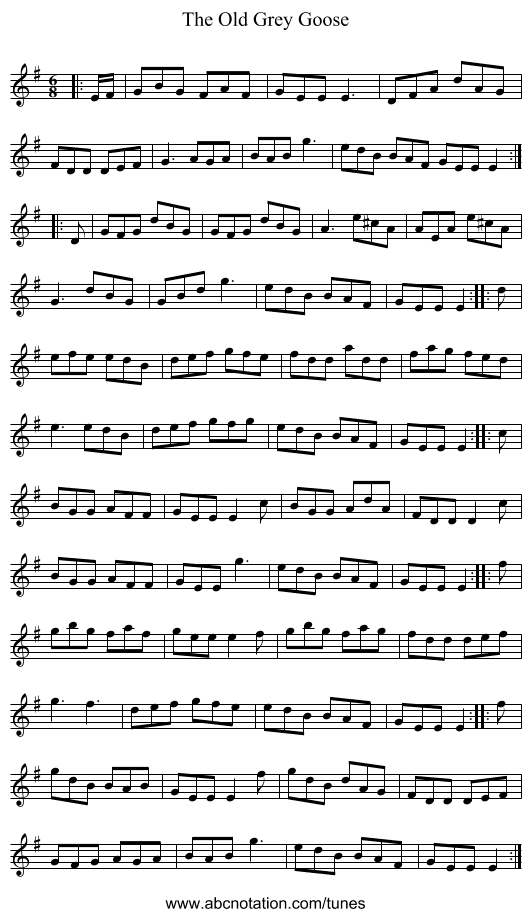 The Old Grey Goose - staff notation