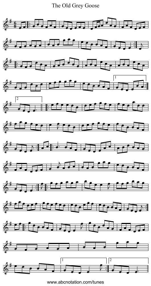 The Old Grey Goose - staff notation