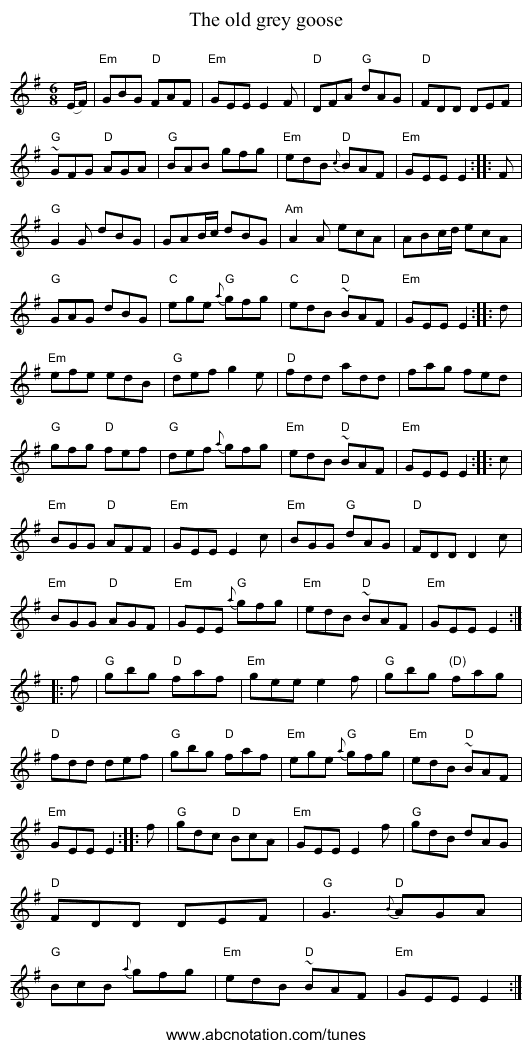 The old grey goose - staff notation