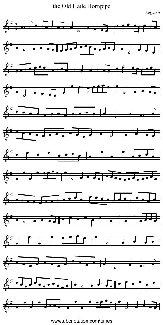 the Old Haile Hornpipe - staff notation