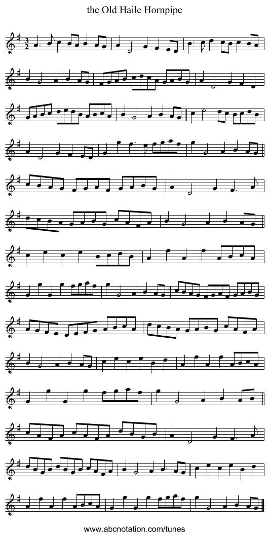 the Old Haile Hornpipe - staff notation
