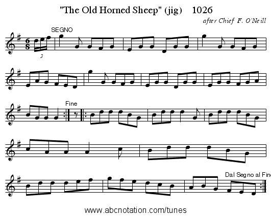 The Old Horned Sheep (jig)    1026 - staff notation