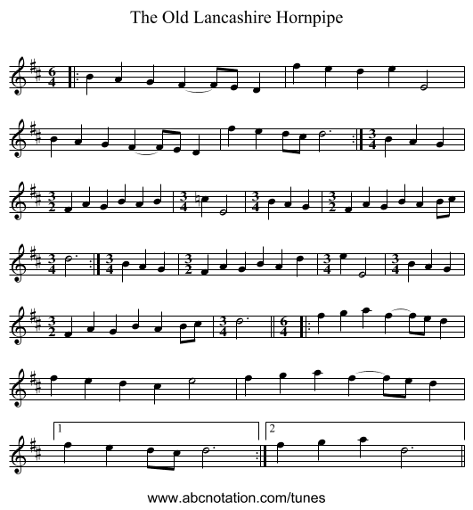 The Old Lancashire Hornpipe - staff notation