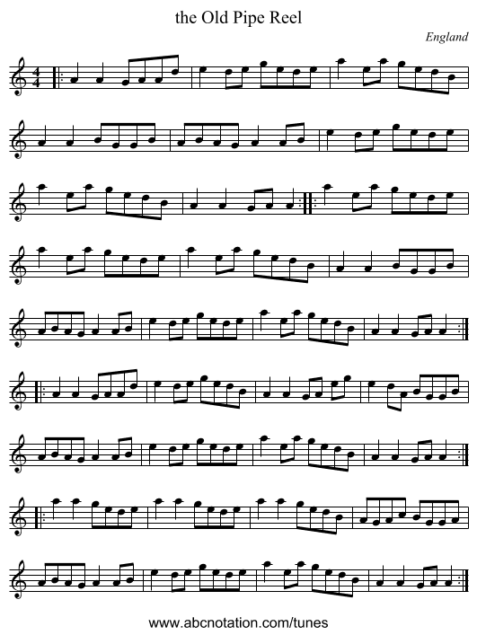 the Old Pipe Reel - staff notation