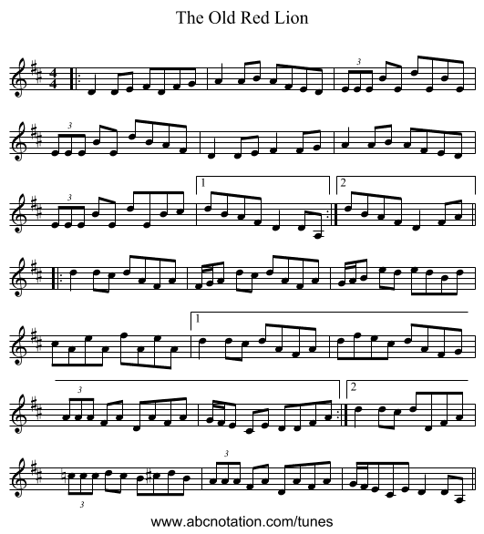 The Old Red Lion - staff notation