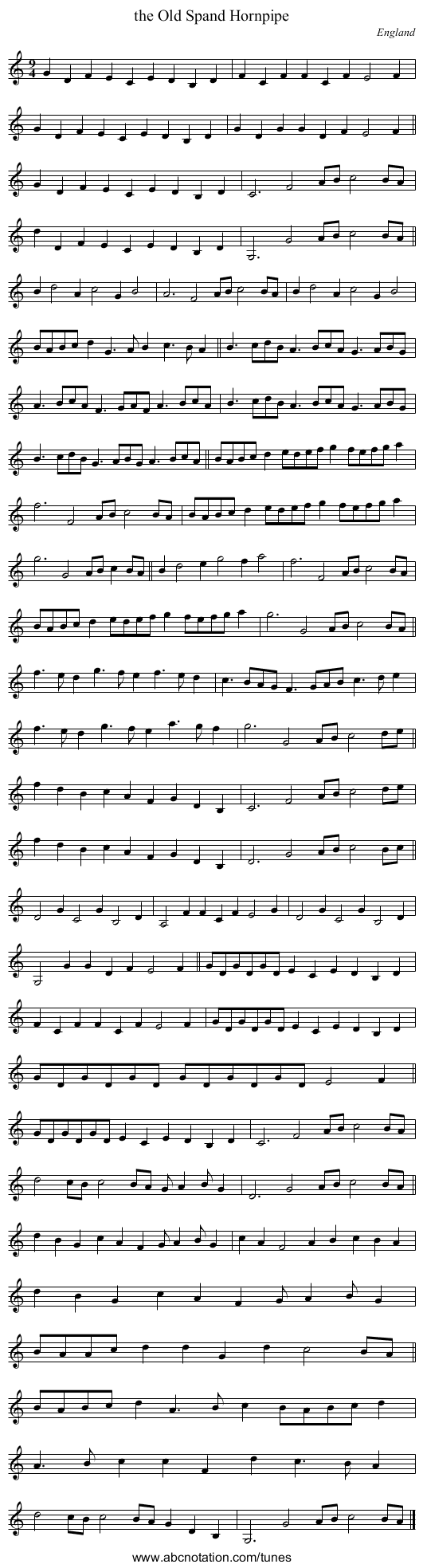 the Old Spand Hornpipe - staff notation