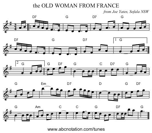 the OLD WOMAN FROM FRANCE - staff notation