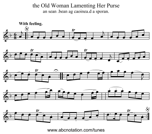 the Old Woman Lamenting Her Purse - staff notation