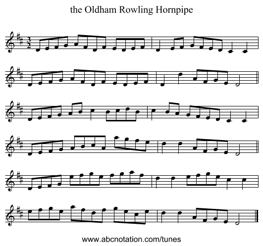 the Oldham Rowling Hornpipe - staff notation
