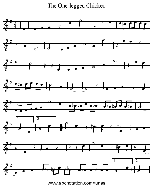 The One-legged Chicken - staff notation