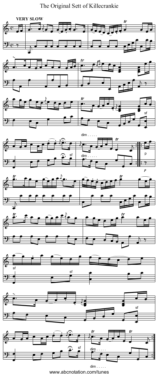 The Original Sett of Killecrankie - staff notation