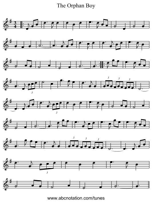 The Orphan Boy - staff notation