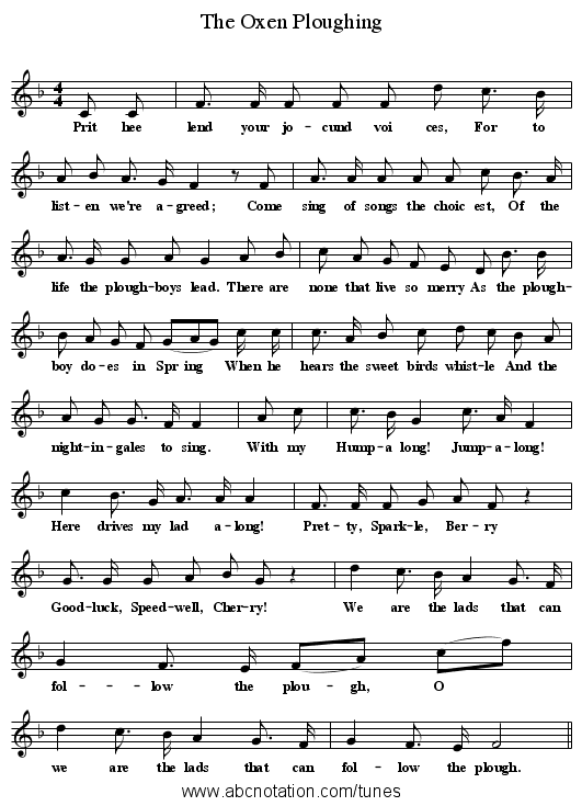 The Oxen Ploughing - staff notation