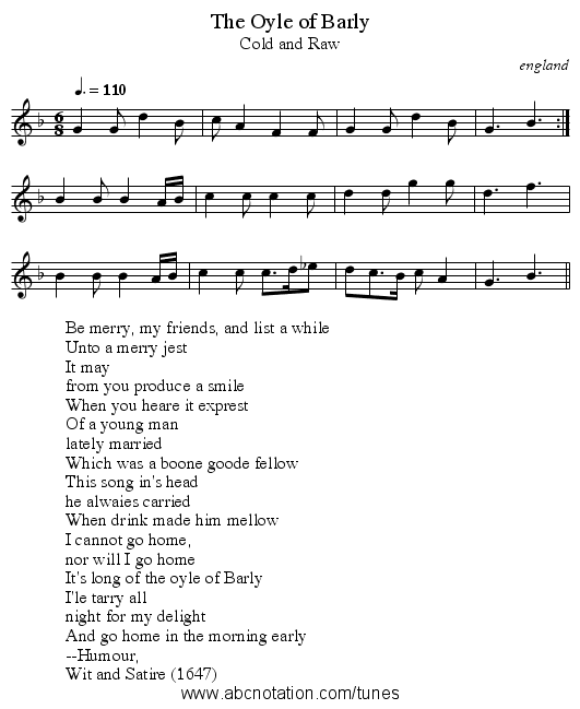 The Oyle of Barly - staff notation